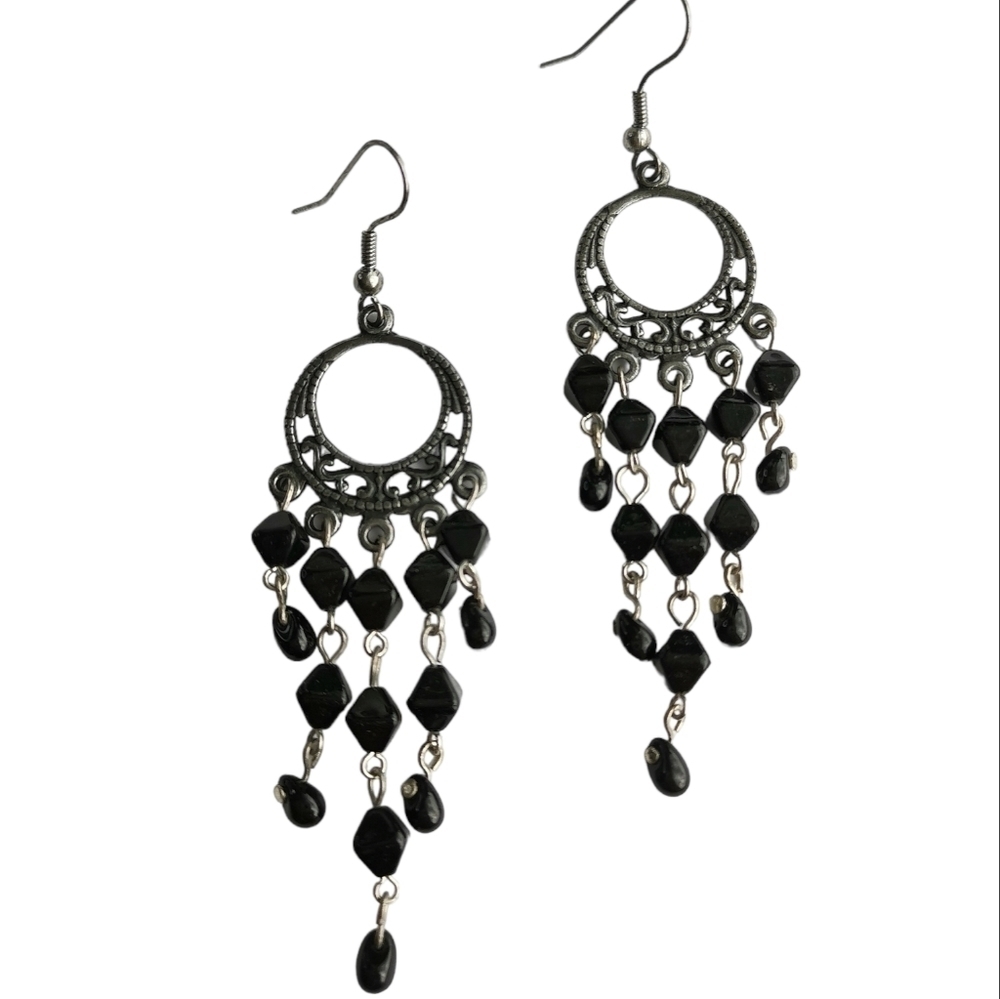 Vintage Czech beaded shoulder duster chandelier earrings black